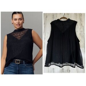 Bl^nk London Vitalia Top 2X Black Metallic Stripes Lace Mock Neck Sleeveless NWT